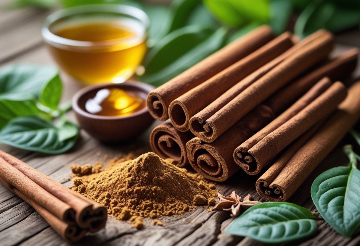 Close-up of cinnamon sticks and ground cinnamon on a wooden surface with green leaves, honey, and herbal tea.