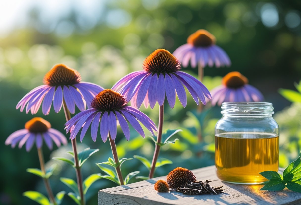 Close-up of purple echinacea flowers with a jar of herbal tea and dried leaves on a wooden surface in a garden setting.