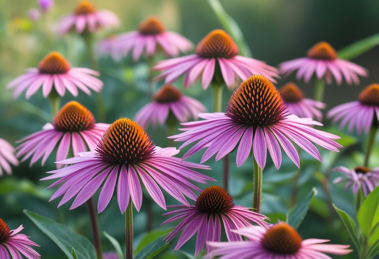 Close-up of blooming Echinacea flowers with pink petals and orange-brown centers against a green natural background.