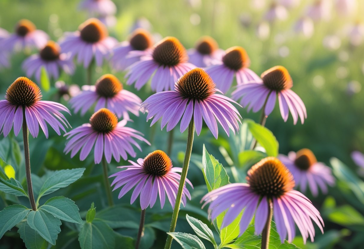Close-up of purple Echinacea flowers with orange centers and green leaves in a sunlit garden setting.