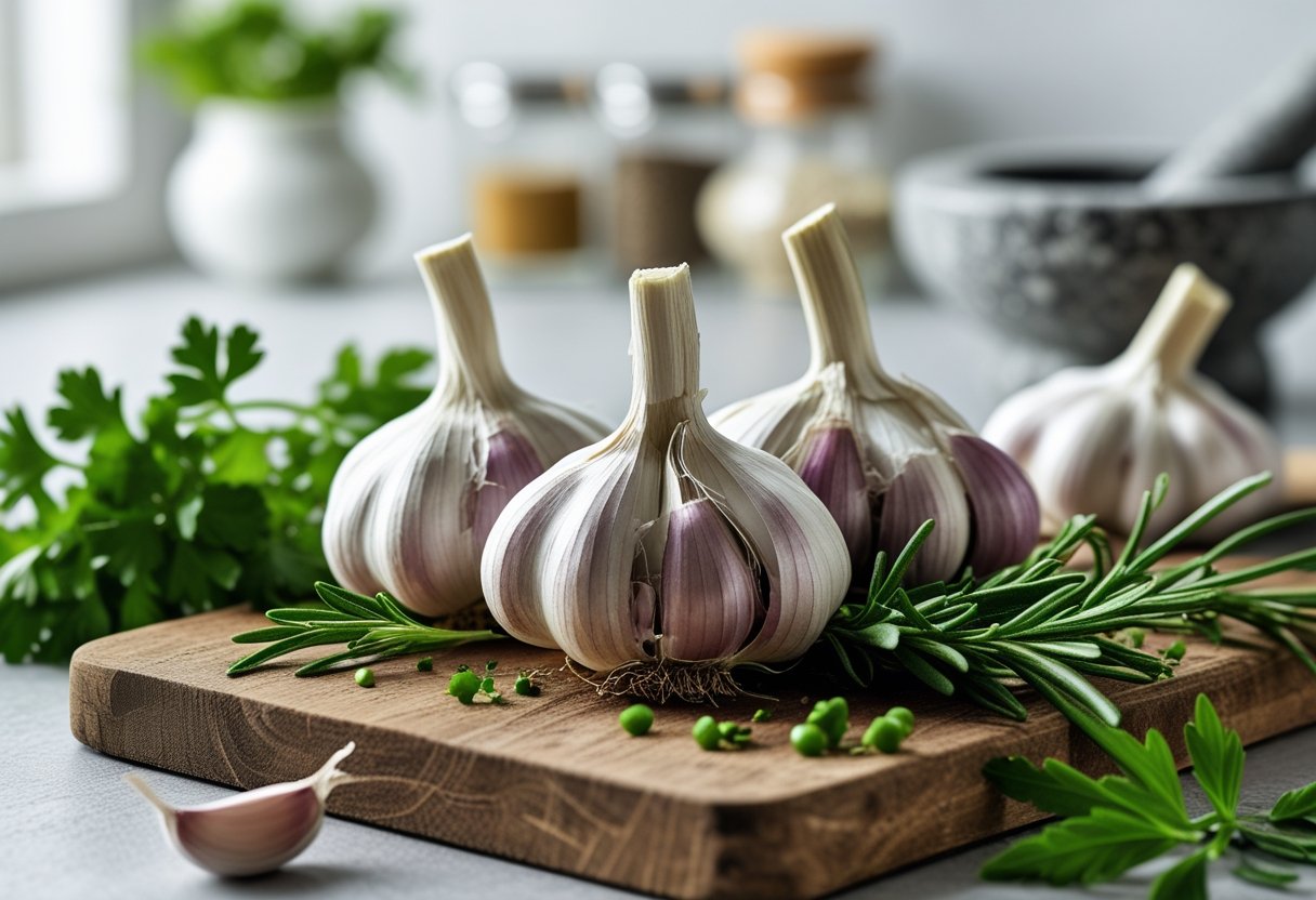 Fresh garlic bulbs and cloves on a wooden cutting board with green herbs in a bright kitchen setting.
