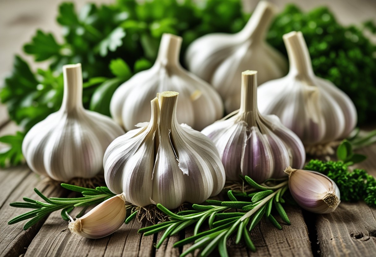 Fresh garlic bulbs and cloves arranged on a wooden surface with green herbs around them.