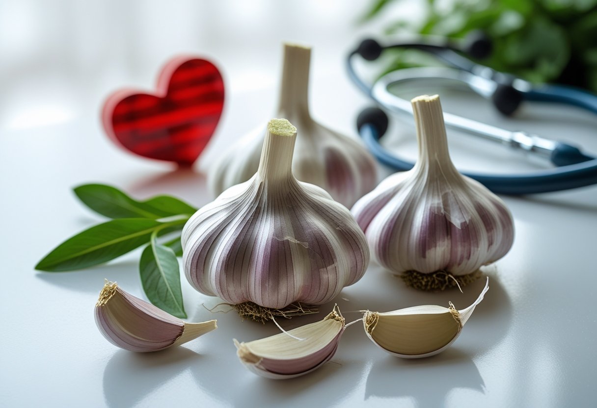 Fresh garlic bulbs and cloves next to a red heart-shaped object and a stethoscope on a white surface.