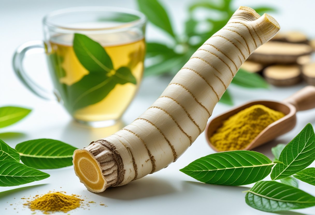 Fresh ginseng root with green leaves, dried ginseng slices, herbal tea, and powdered ginseng arranged on a white surface.