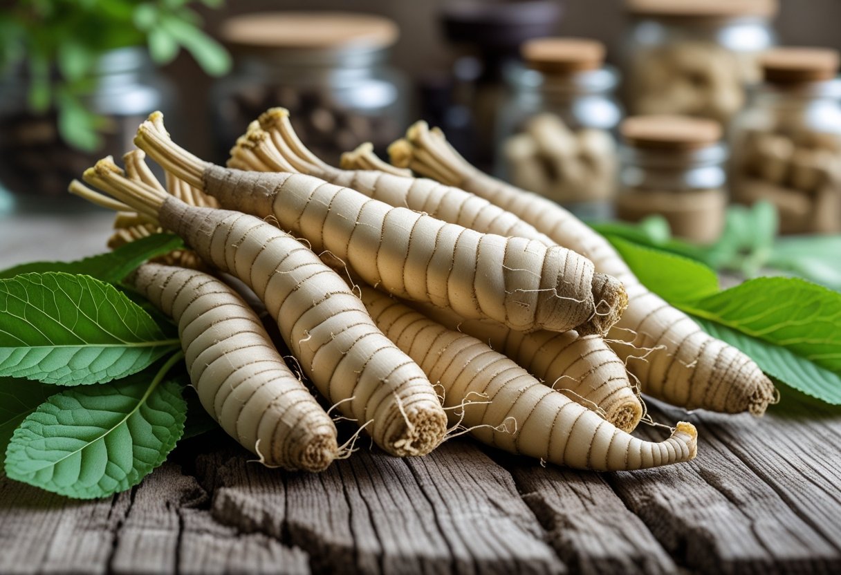Fresh ginseng roots and green leaves arranged on a wooden surface with a blurred herbal apothecary background.