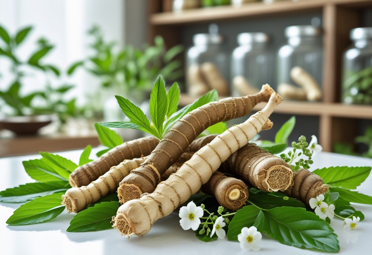 Fresh ginseng roots with green leaves and small white flowers arranged on a white surface with a blurred herbal apothecary background.