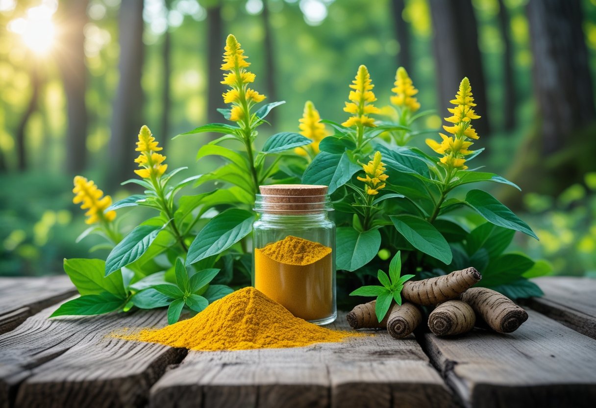 Fresh Goldenseal plants with green leaves and yellow flowers beside a jar of Goldenseal powder and dried roots on a wooden table in a forest setting.