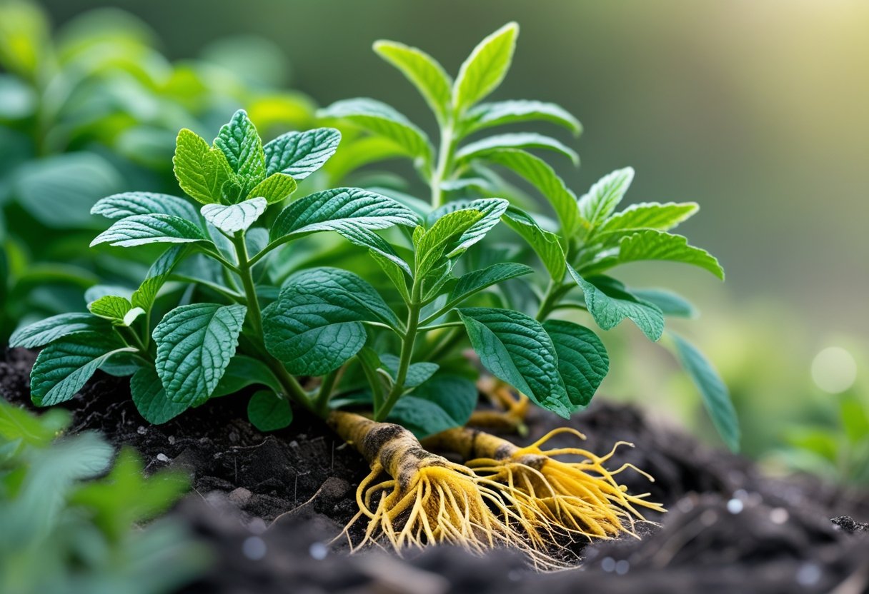 Close-up of fresh goldenseal plants with green leaves and yellow roots in soil.