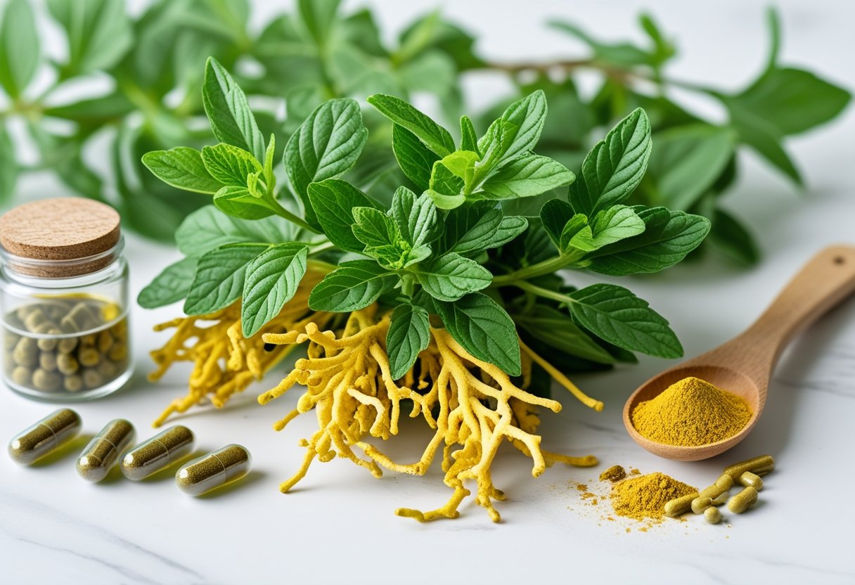 Fresh Goldenseal plants with green leaves and yellow roots alongside herbal capsules, a glass jar, and powdered root on a white background.