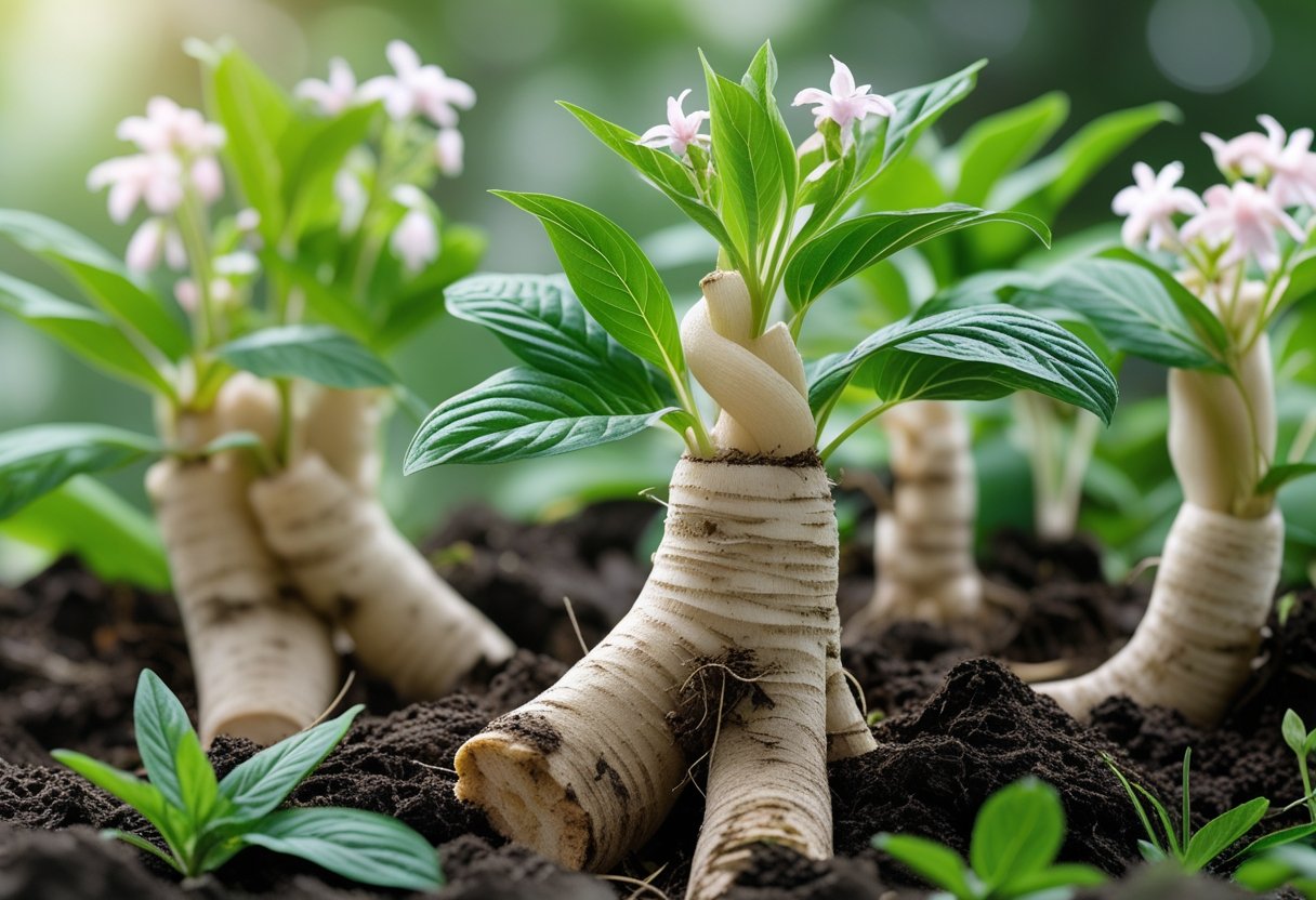 Close-up of marshmallow root plants with visible roots, green leaves, and flowers growing in soil.