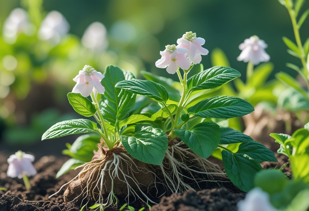 Fresh marshmallow root plants with green leaves and flowers growing outdoors, with part of the root visible in the soil.