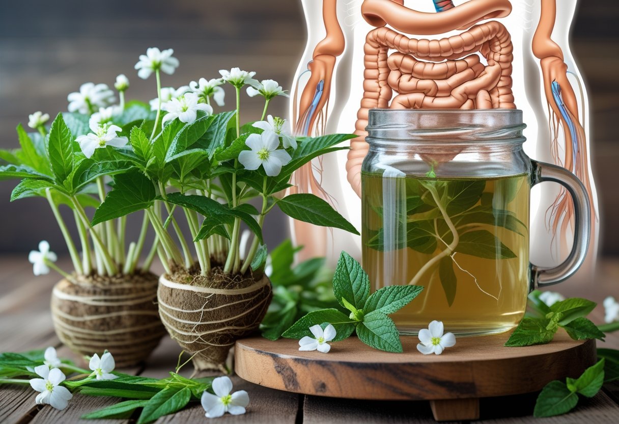 Close-up of fresh marshmallow root plants and a glass jar of marshmallow root tea with a faint illustration of the human digestive system in the background.