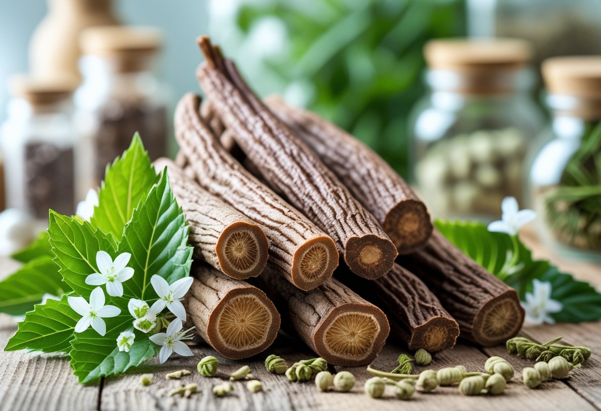 Close-up of fresh and dried licorice root pieces with green leaves and white flowers on a wooden surface, with blurred herbal jars in the background.