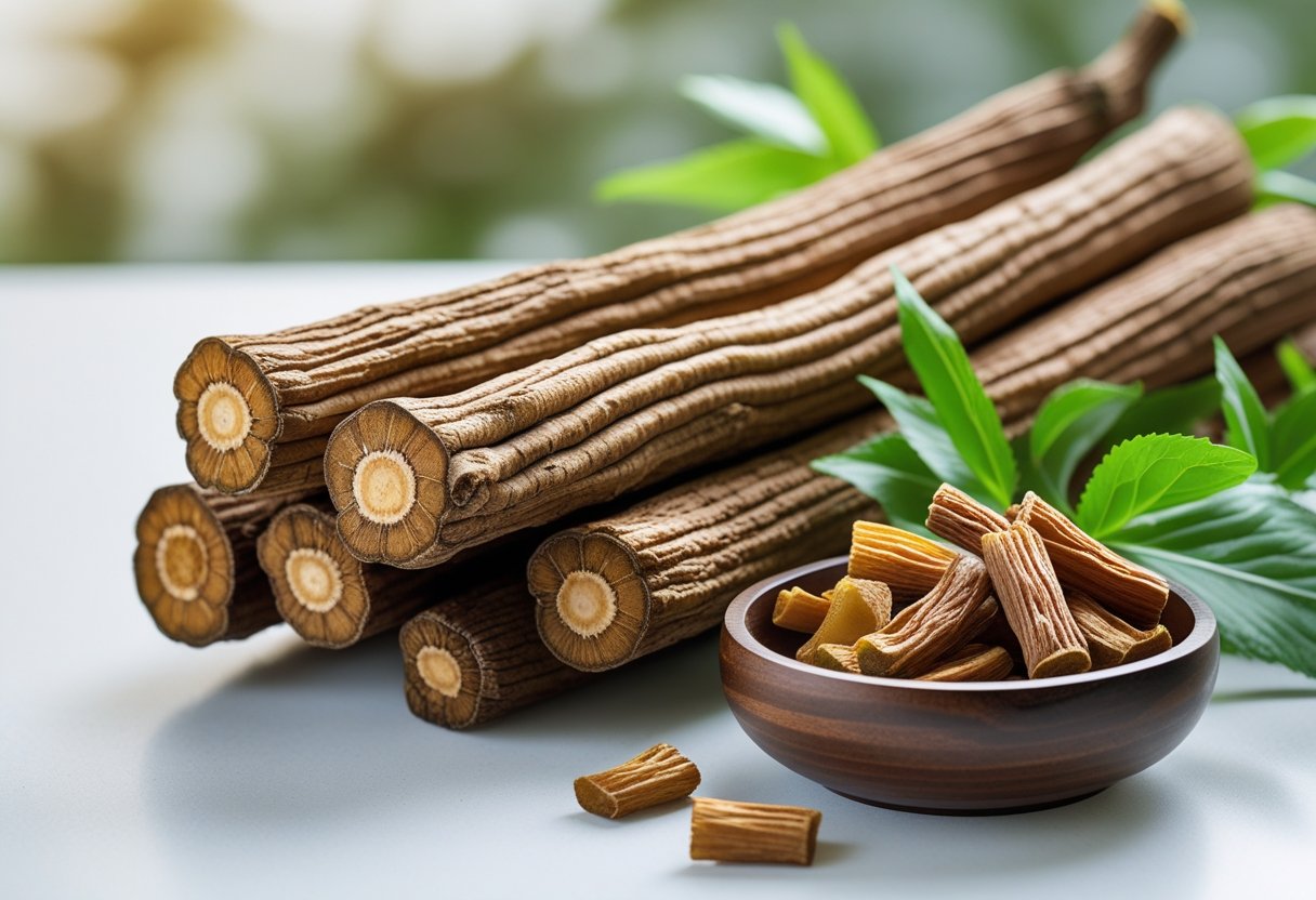 Fresh licorice roots and green leaves arranged on a white surface with a wooden bowl of dried licorice pieces.