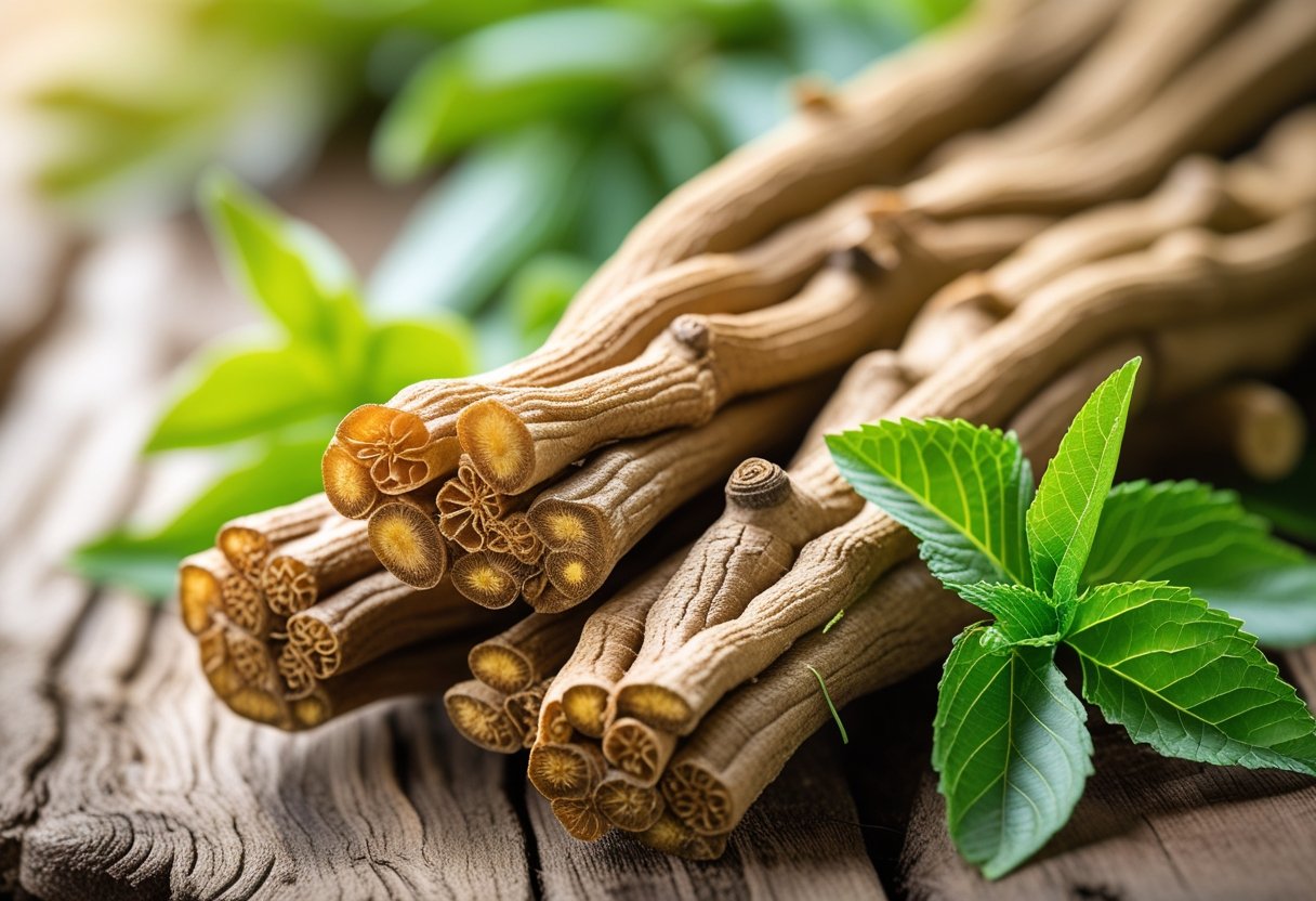 Close-up of fresh licorice roots with green leaves on a softly blurred natural background.