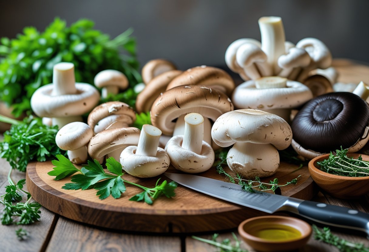 A variety of fresh mushrooms displayed on a wooden table with herbs and a knife.