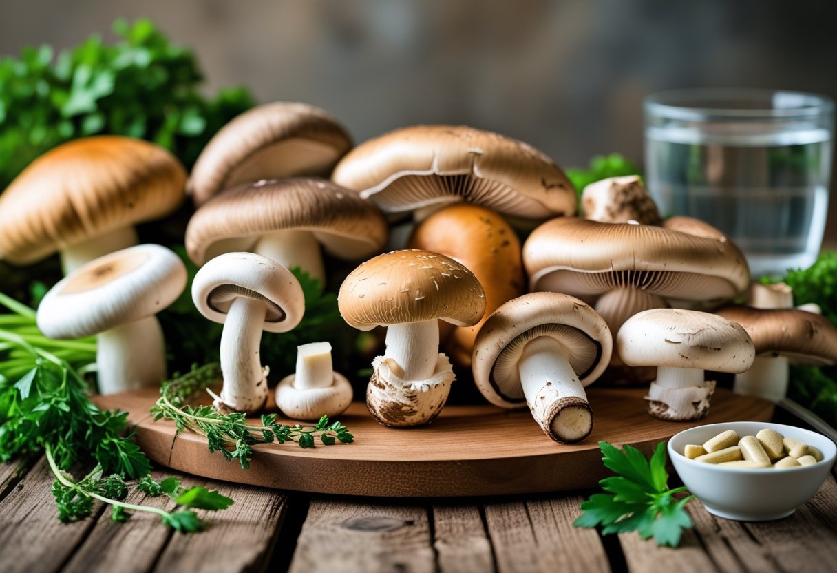 A close-up of various fresh mushrooms arranged on a wooden table with green herbs and a glass of water nearby.