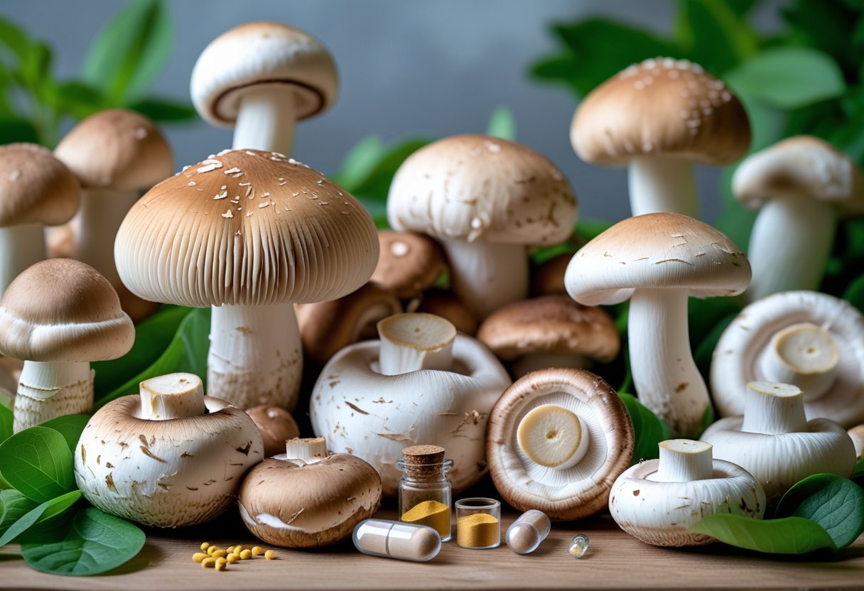 Close-up of assorted fresh mushrooms on a wooden surface with small glass vials and green leaves in the background.