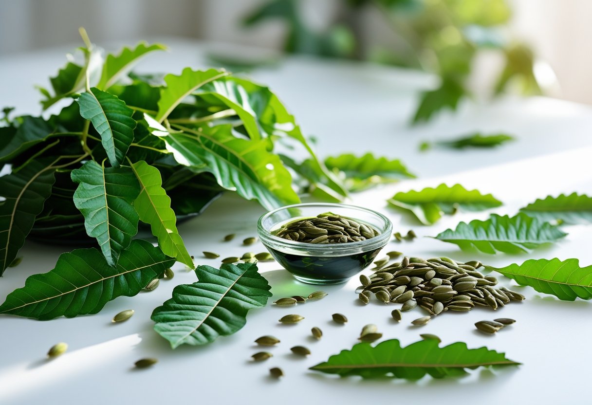 Close-up of fresh neem leaves, neem seeds, and a small bowl of neem oil arranged on a white surface with a blurred natural background.
