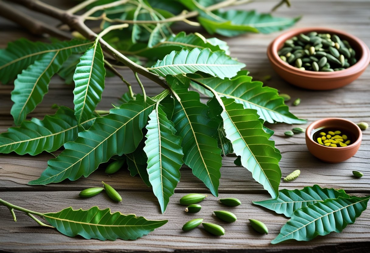 Fresh neem leaves and seeds with a small bowl of neem oil arranged on a wooden surface.