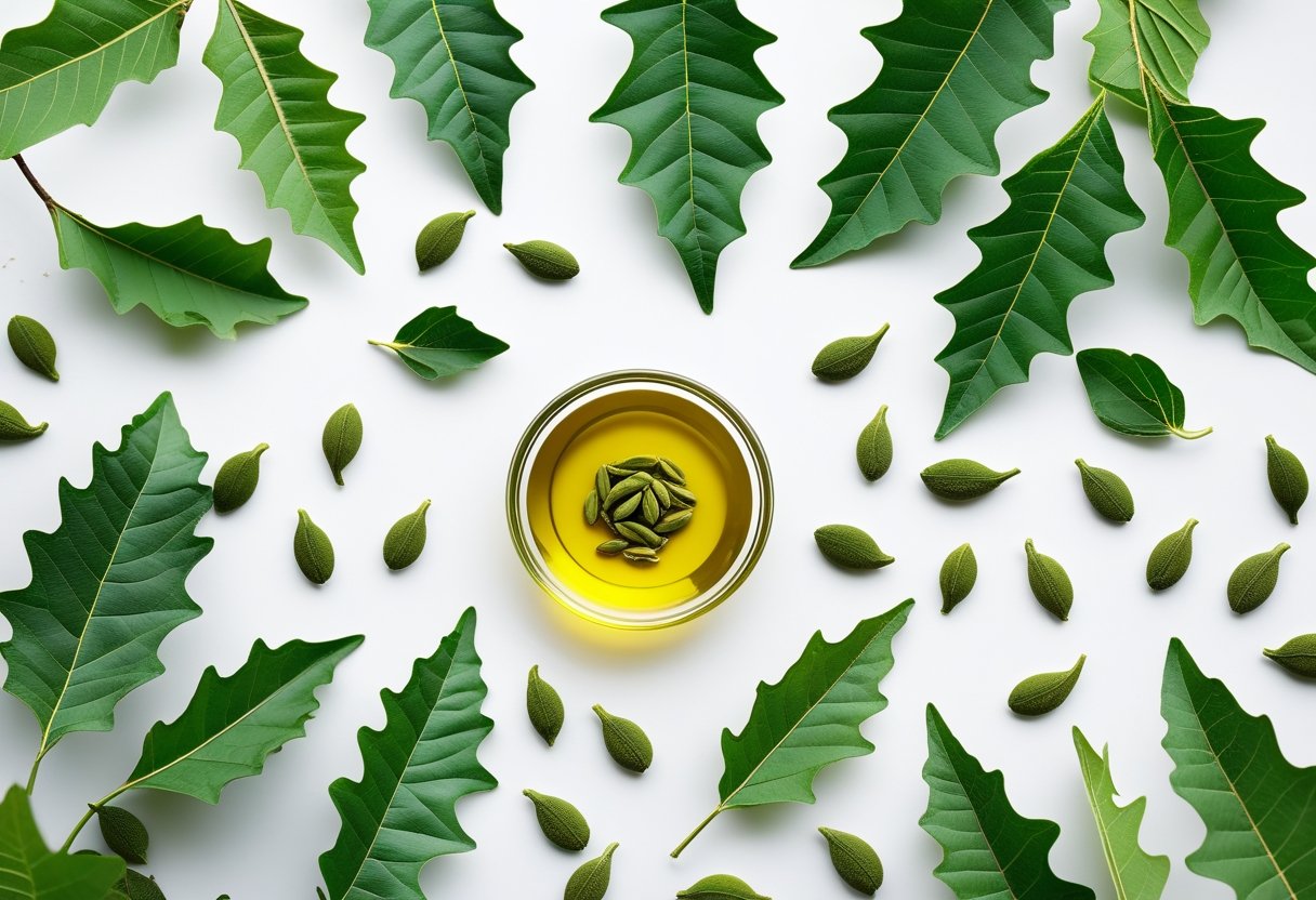 Fresh neem leaves and seeds with a small bowl of neem oil arranged on a white background.