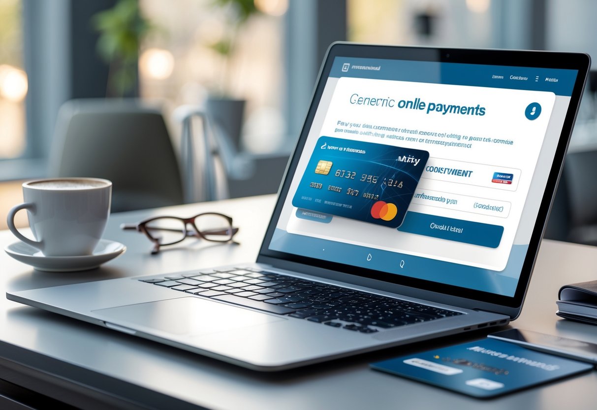 PayPal 2 Ein moderner Arbeitsplatz mit Laptop, Smartphone und Kreditkarte, die eine Online-Zahlung darstellen.