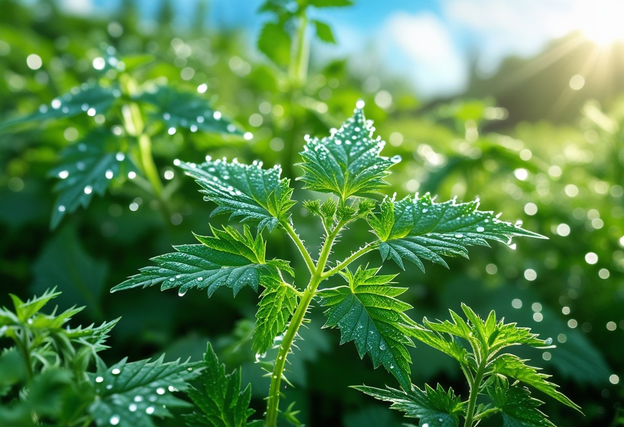 Close-up of fresh green nettle leaves with dew drops in a sunlit natural setting.