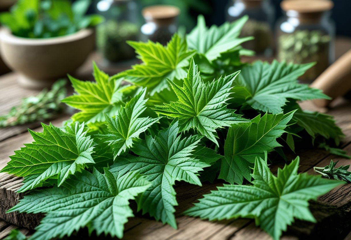 Close-up of fresh green nettle leaves on a wooden surface with blurred herbal jars and a mortar and pestle in the background.