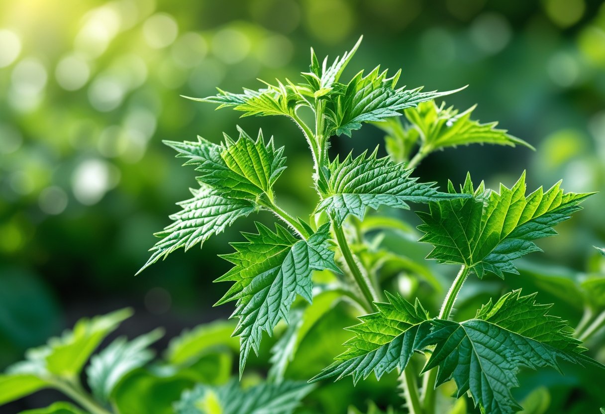 Close-up of fresh green nettle leaves with detailed textures and a blurred natural background.