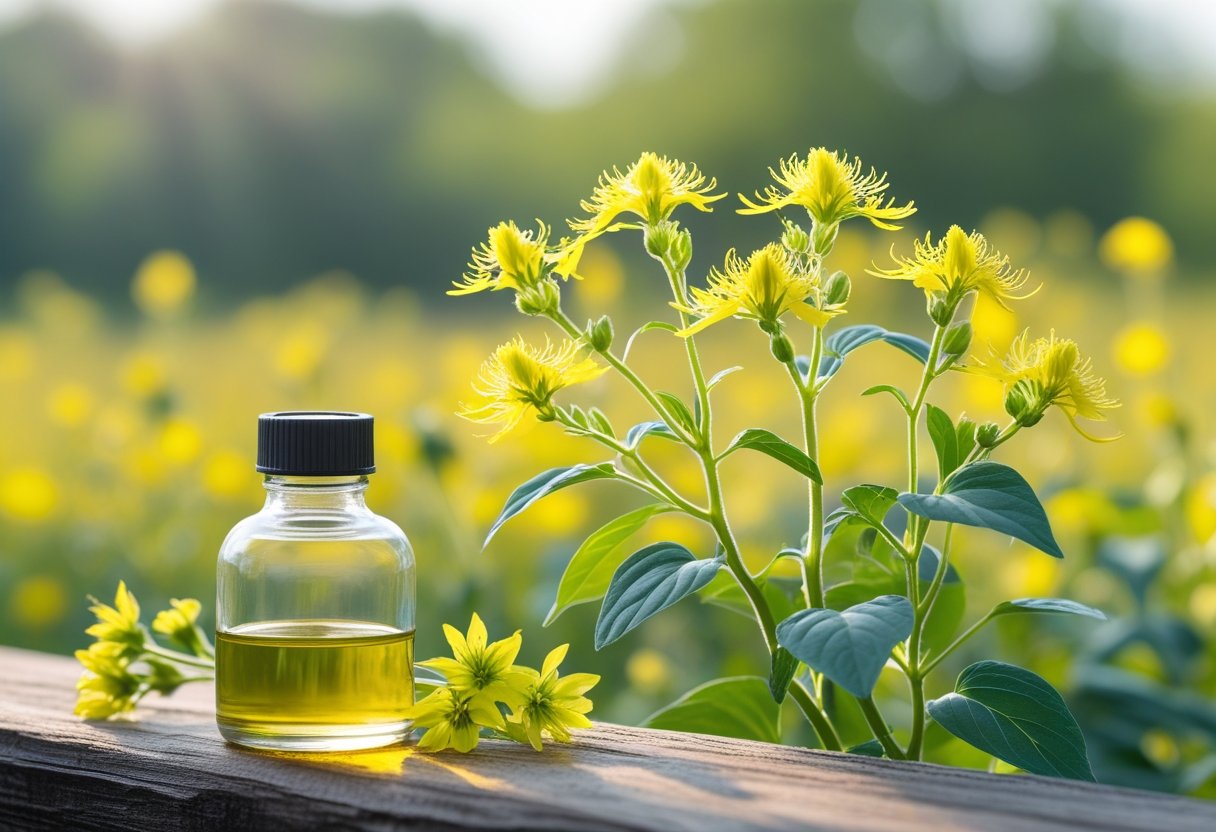 Close-up of bright yellow St. John's Wort flowers with a glass bottle of herbal oil on a wooden surface in a green meadow.