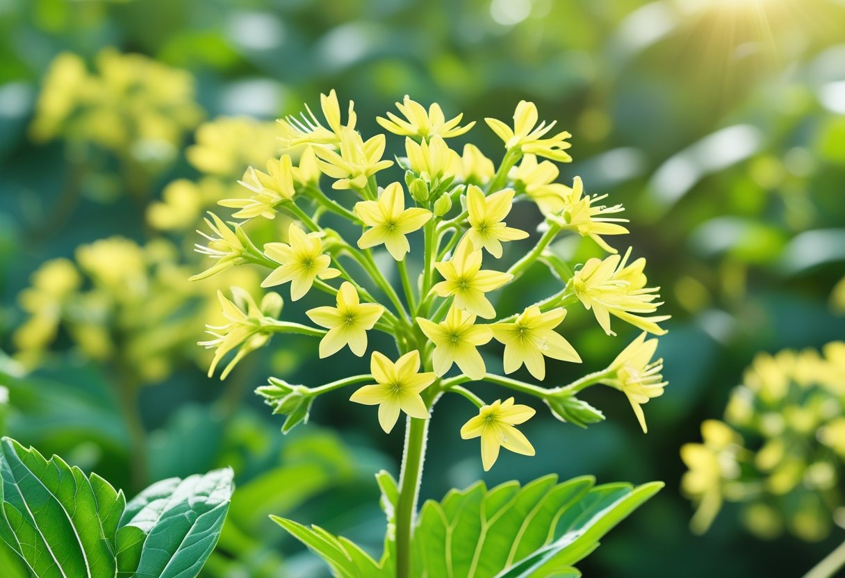 Close-up of bright yellow St. John's Wort flowers with green leaves in natural sunlight.