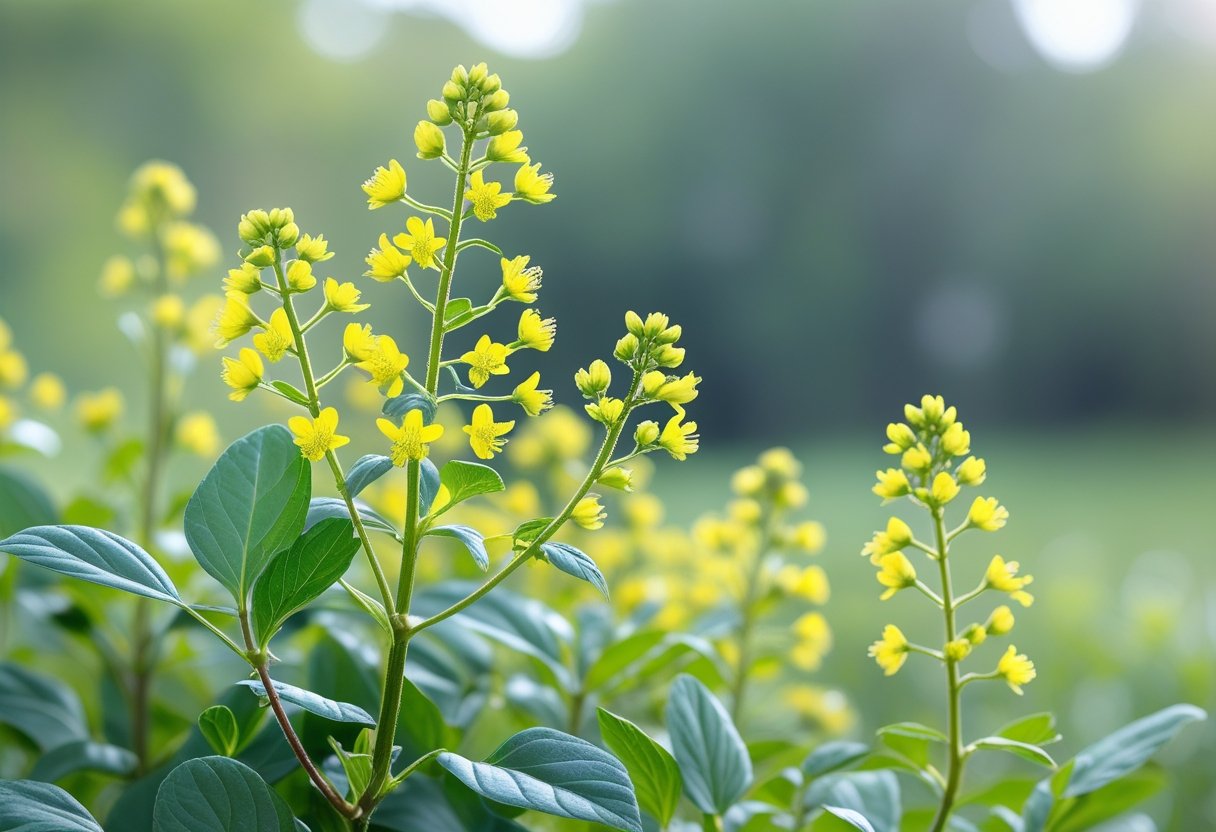 Close-up of bright yellow St. John's Wort flowers with green leaves against a soft natural background.