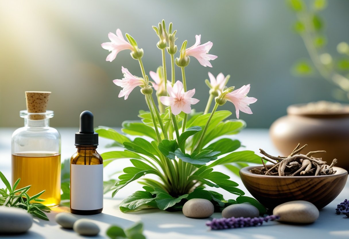 Close-up of fresh valerian plant with flowers and leaves, alongside a small bottle of valerian extract and dried roots, arranged on a wooden surface with soft natural light.