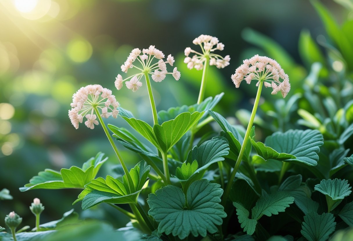 Close-up of fresh valerian plant with green leaves and pale pink flowers in a natural outdoor setting.