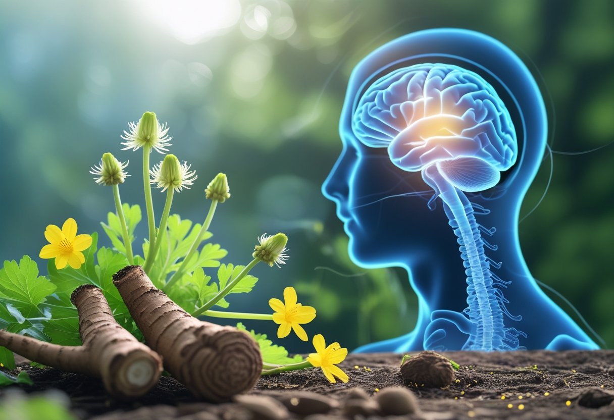 Valerian root and flowers in front of a glowing human silhouette highlighting the brain and nervous system.