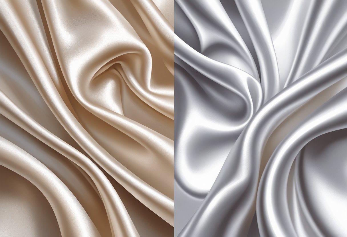 Side-by-side comparison of two flowing fabrics, silk on the left and satin on the right, showing their different textures and sheens.