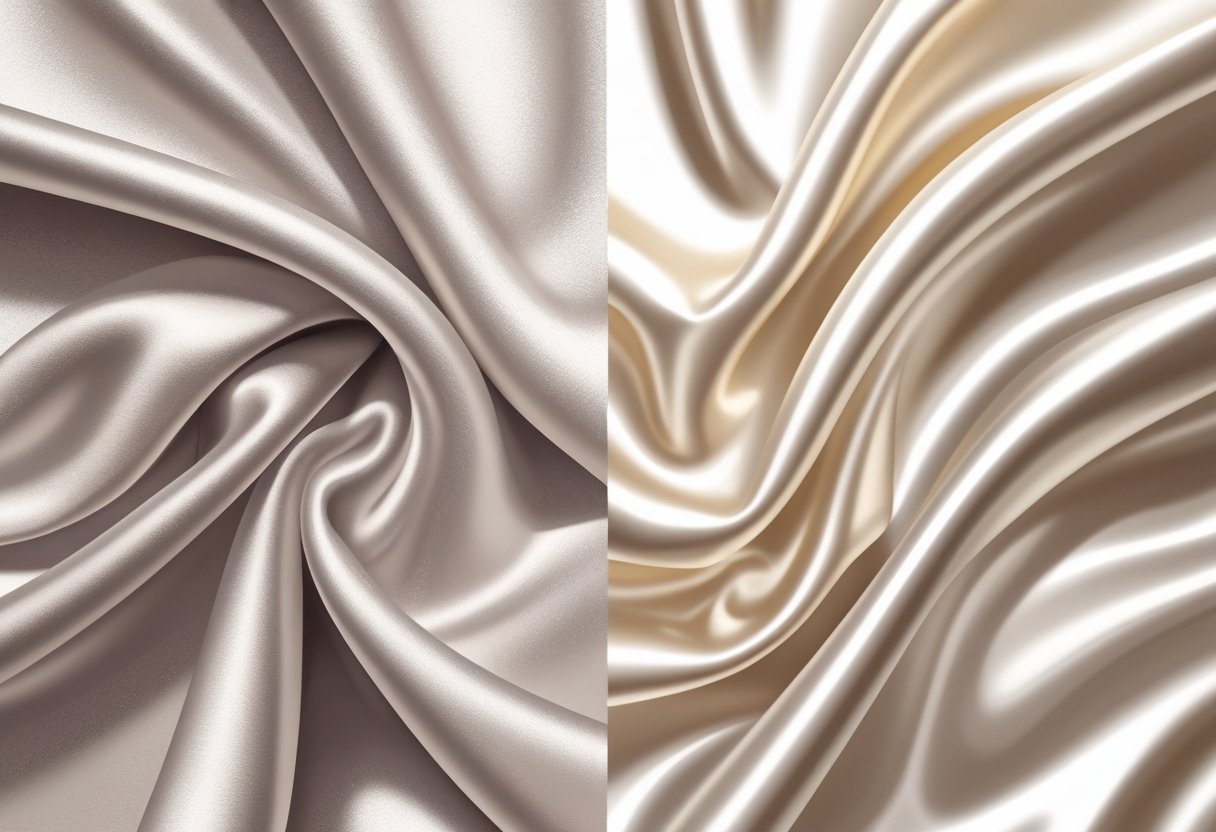 Two pieces of fabric side by side, one smooth and soft with a gentle sheen, the other shiny and glossy, displayed on a light background.