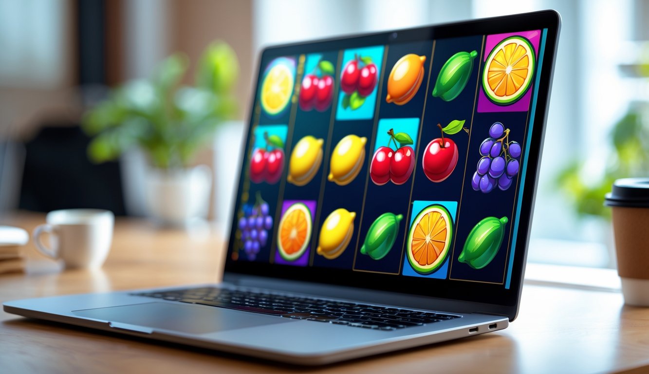 Laptop menampilkan permainan mesin slot buah online dengan simbol buah berwarna-warni di layar.