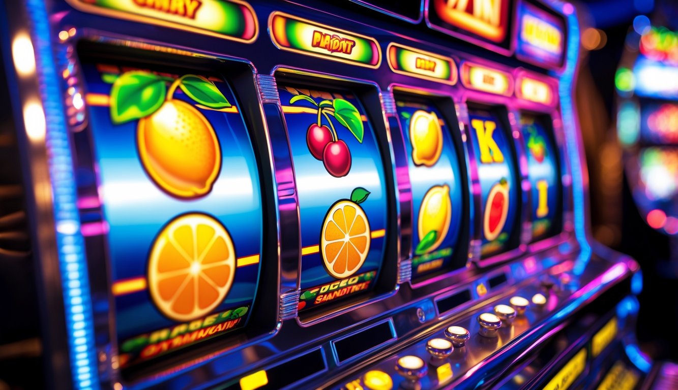 Mesin slot buah berwarna cerah dengan simbol buah klasik seperti ceri, lemon, dan semangka di latar belakang kabur.