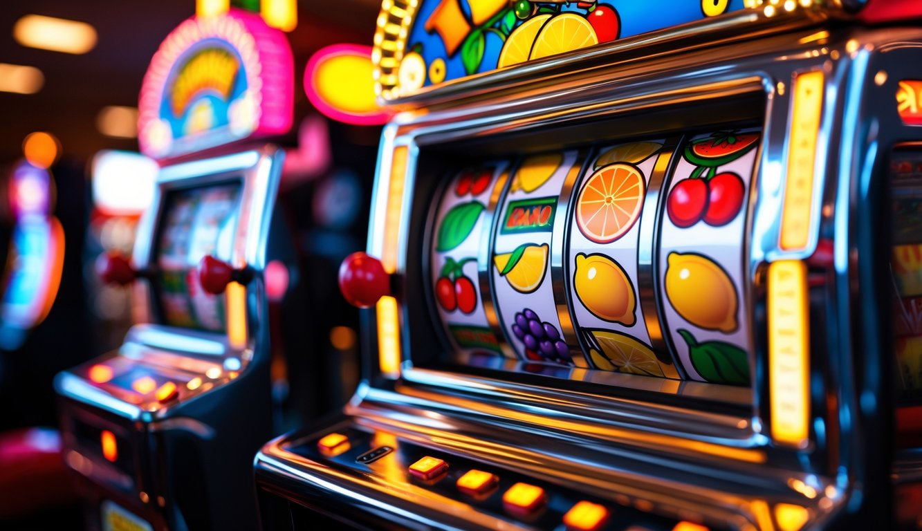 Mesin slot buah klasik dengan simbol buah warna-warni di kasino.