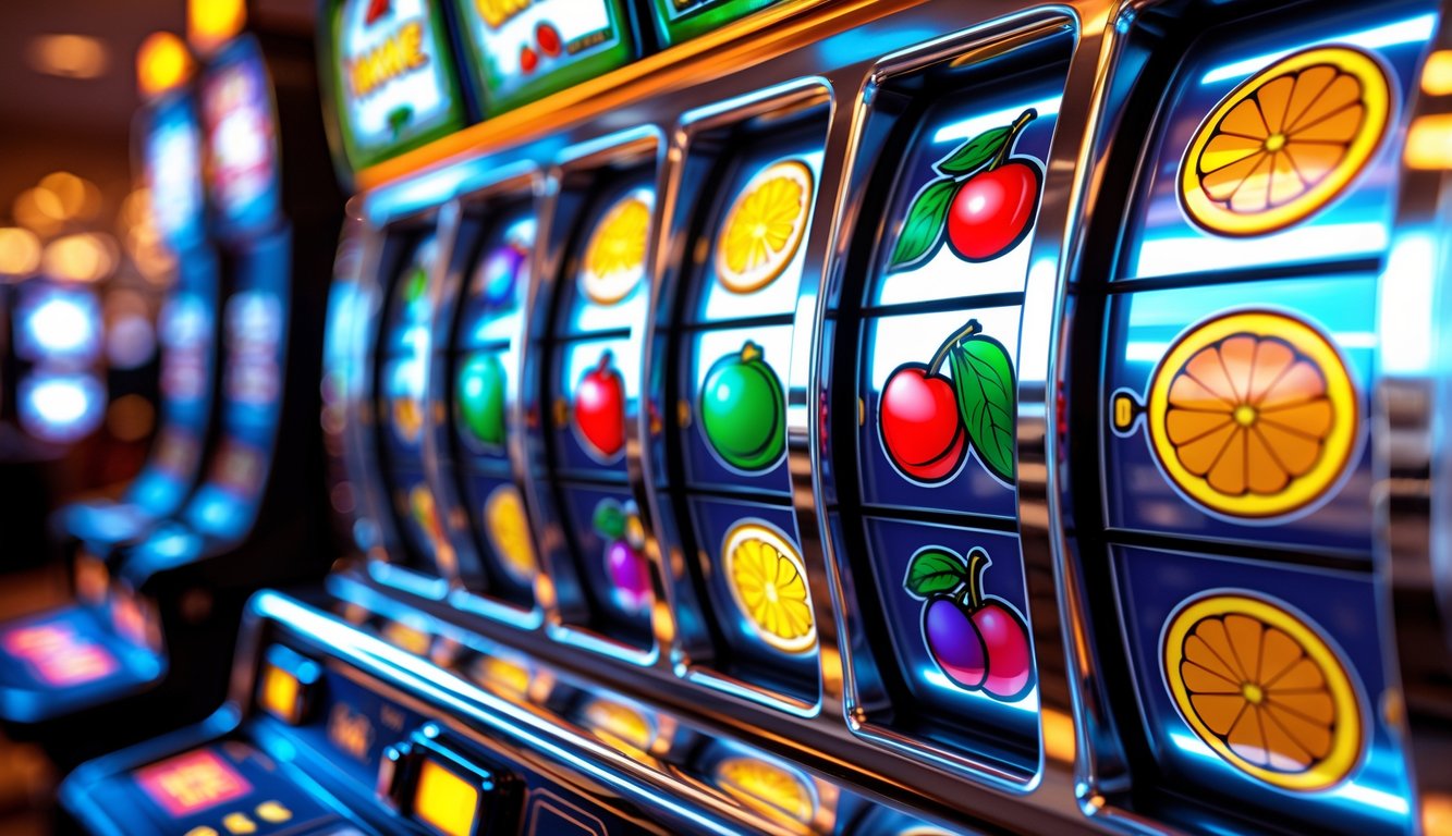 Mesin slot klasik dengan simbol buah seperti ceri, lemon, jeruk, plum, dan semangka pada gulungan.