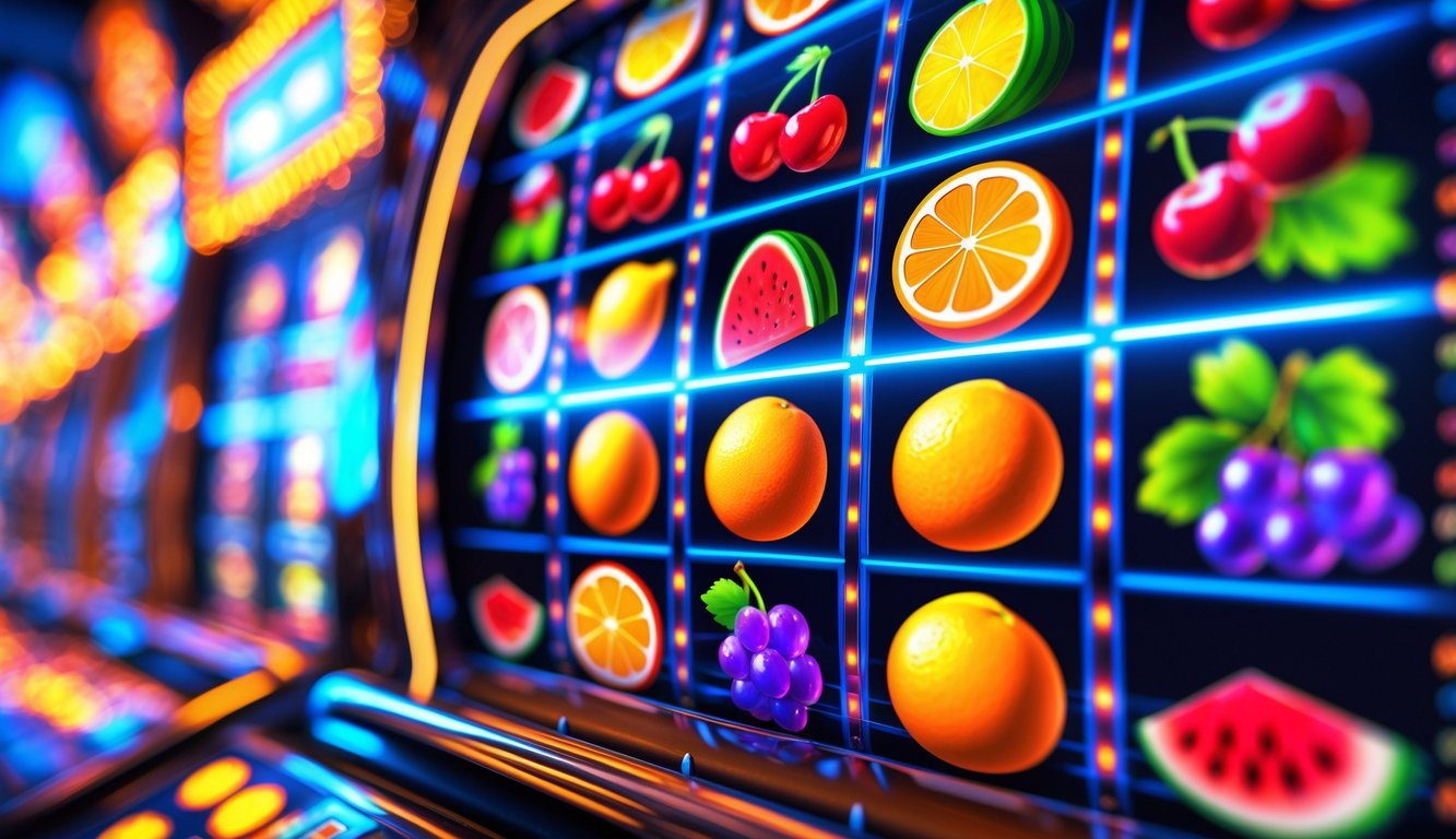 Tampilan dekat mesin slot dengan simbol buah berwarna-warni seperti ceri, lemon, dan semangka dalam suasana permainan yang cerah dan menarik.