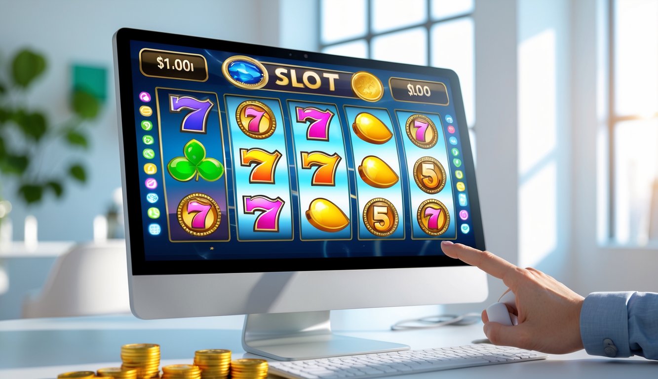 Seseorang bermain permainan slot online di layar komputer dan ponsel di ruang kantor yang terang dan rapi.