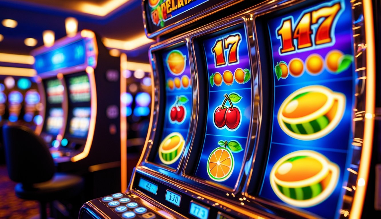 Mesin slot buah berwarna-warni dengan simbol buah di kasino yang terang dan menarik.