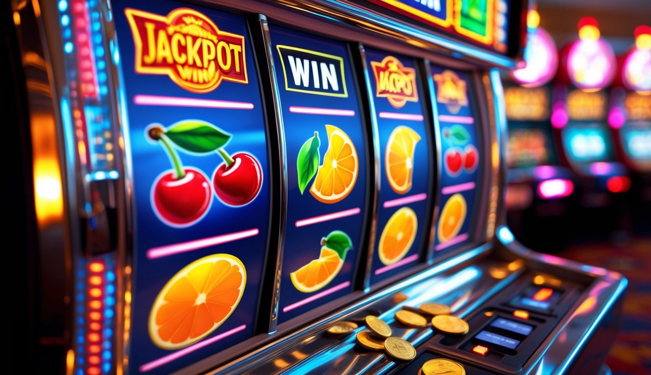Mesin slot buah dengan simbol buah klasik dan koin jackpot yang tumpah