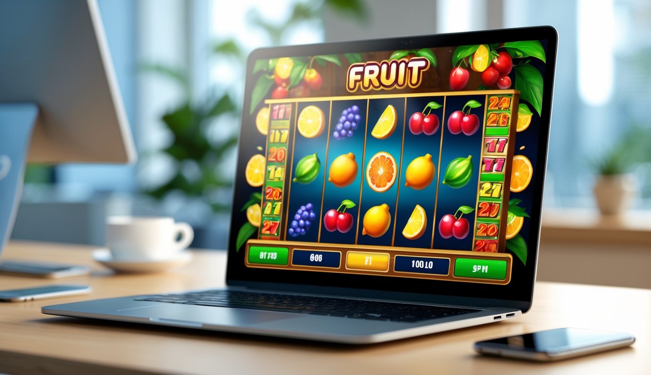 Layar laptop menampilkan mesin slot buah online dengan simbol buah berwarna-warni di meja kayu dalam ruangan kantor yang terang.