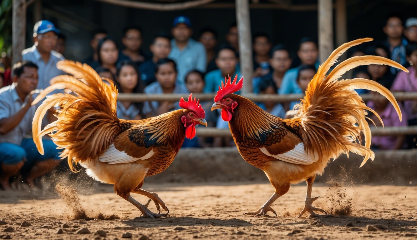 Dua ayam jantan sedang bertarung di arena dengan kerumunan orang menonton di sekitarnya.