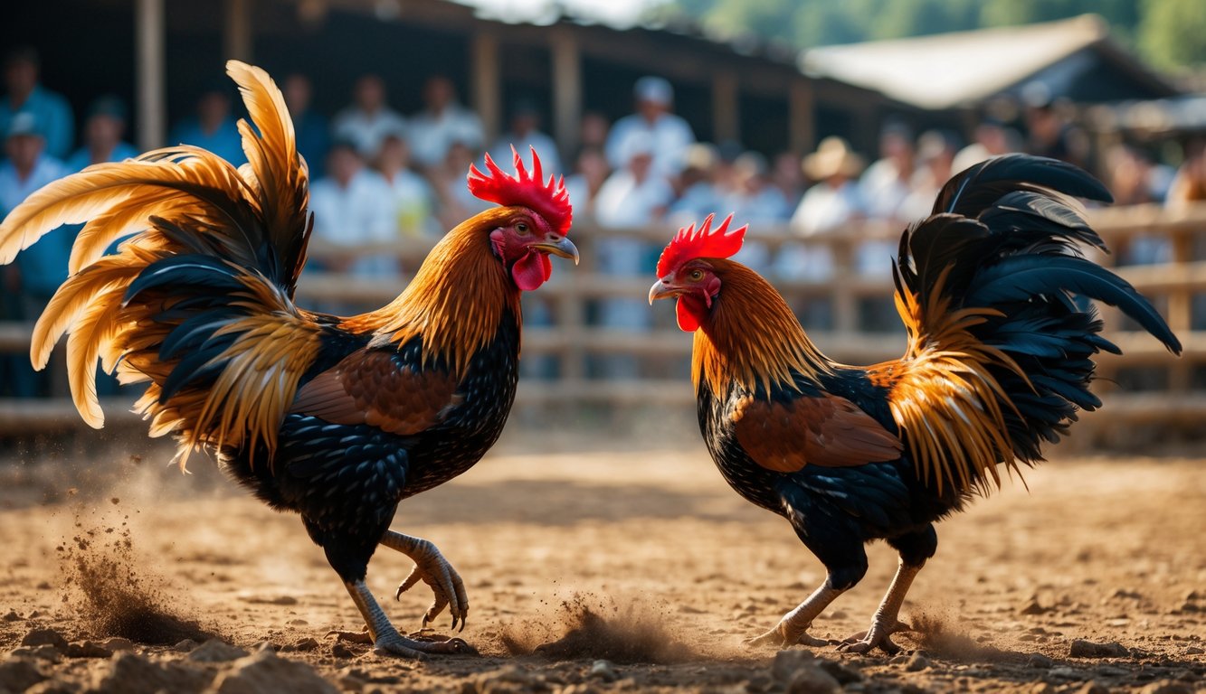Dua ayam jago sedang bertarung di arena terbuka dengan penonton di latar belakang.
