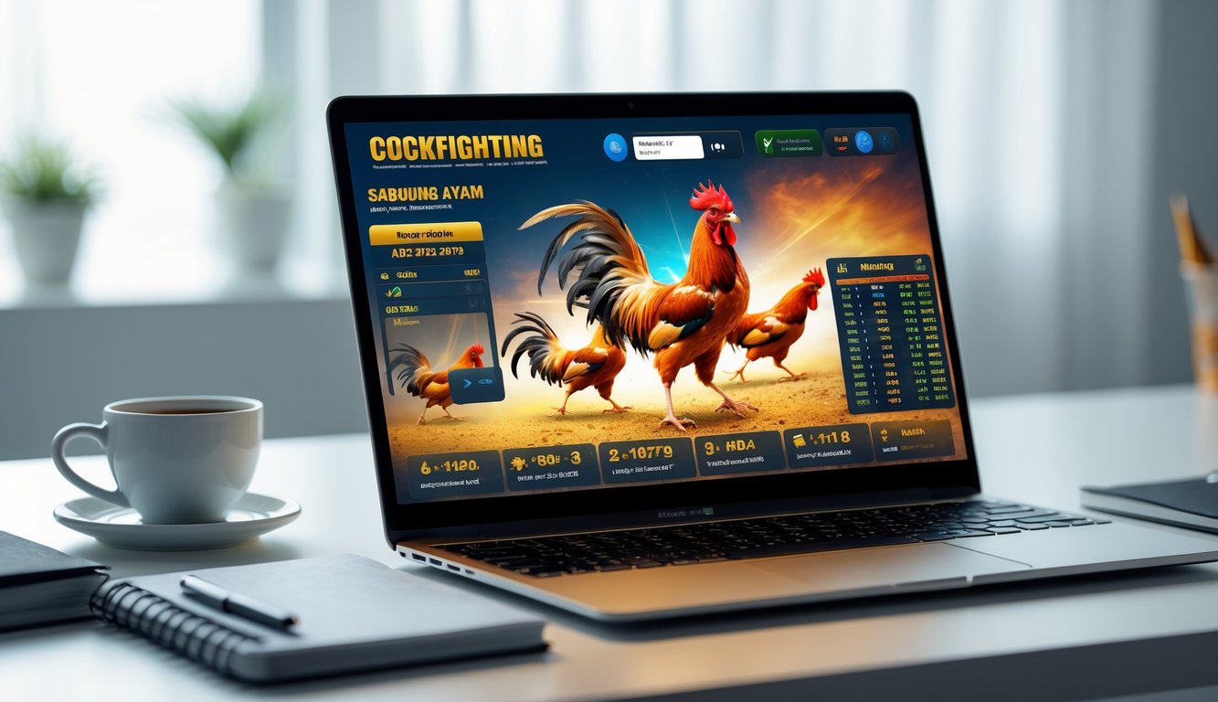 Seorang pengguna sedang melihat layar laptop yang menampilkan platform sabung ayam online dengan latar belakang meja kerja yang rapi.