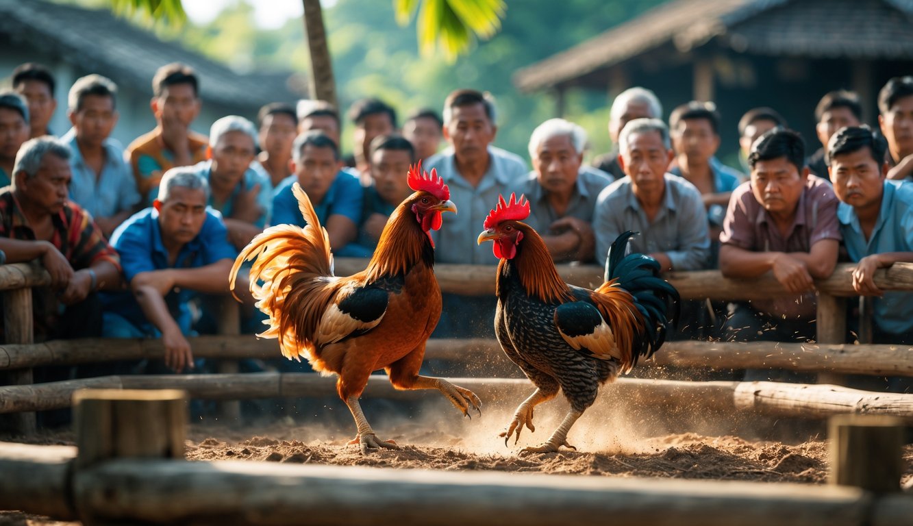 Dua ayam jago sedang bertarung di arena kayu dengan penonton yang memperhatikan di sekelilingnya.